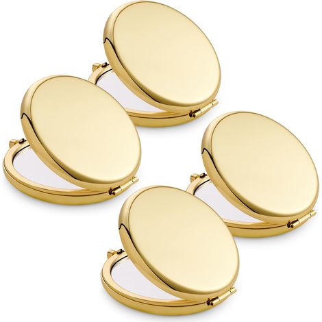 Lot de 4 miroirs de poche compacts double face avec grossissement 1x et 2x, boîtier rond en métal, pliable et portable pour sac à main et voyage, doré (1/5)