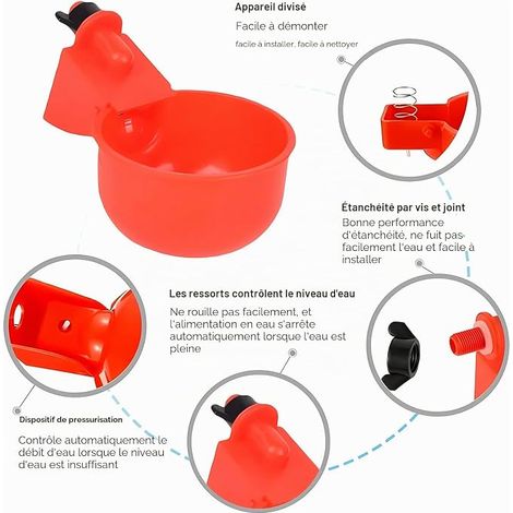 Abreuvoir Automatique pour Volailles, de Abreuvoirs Automatiques pour Volailles et Foret de 9 mm,Abreuvoir pour Poule,Gobelets à Eau de Poulet,Pour Canards, Oies,Dindes et Pigeons (1/4)