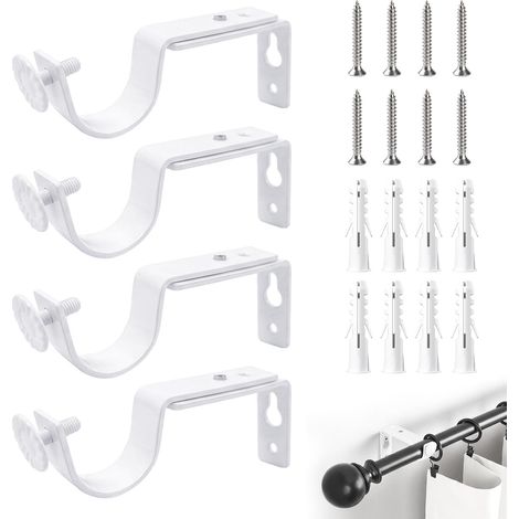 Support Tringle Rideaux, Support Tringle Penderie, Tringle Rideau Plafond, Set de 4 extensible avec vis métal anti-rouille fixation par perçage large courbe pour rideaux et penderie blanc (1/5)