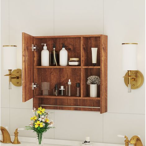 Mueble de baño con espejo y estantes abiertos, MDF color nogal HAVRYA (1/5)