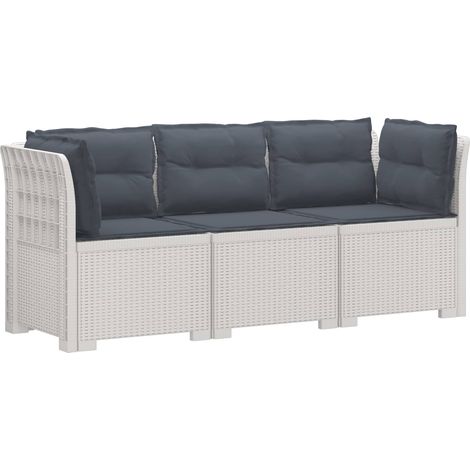 Canapé de Jardin Modulable 3 Places en PP Aspect Rotin Blanc et Coussins Gris Clair - PANGIVO (1/5)