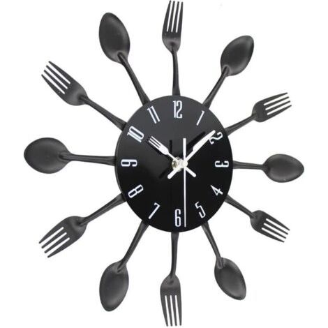 Horloge murale de cuisine 3D amovible, décoration intérieure moderne et créative, comprenant des cuillères, des fourchettes et des autocollants miroir, en noir. (1/3)