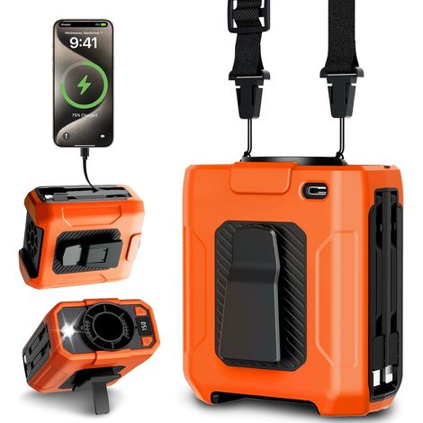 Ventilateur à Pince pour la Taille avec 5 Vitesses, Ventilateur Ceinture Rechargeable 10000mAh, Power Bank, Éclairage LED, Portable Waist Fan en Plein Air, Pêche, Randonnée (1/5)