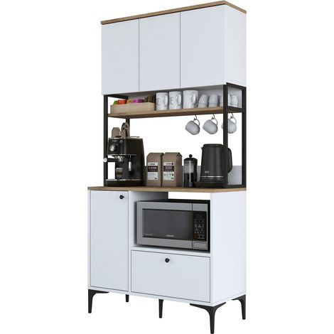 Kommode Rapone, Anrichte mit Schublade, 2 Regalböden, Schwenk- & Schiebetür, 90x38x184h cm Weiß