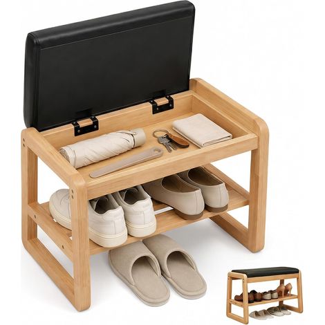 Banc à chaussures en bois massif avec coussin d'assise en cuir synthétique (coussin noir, 55 cm) (1/5)