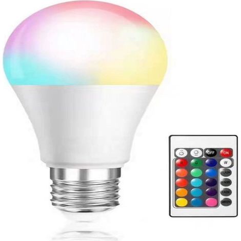 bombilla inteligente, RGB multicolor, base E27, mando a distancia, 16 colores, brillo ajustable, para salón o dormitorio. (1/5)