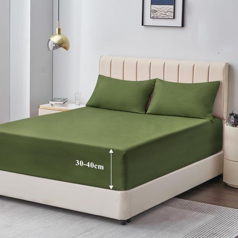 Drap Housse 160x200 Grand Bonnet 40 cm Drap Housse 2 Personnes 160 x 200 Grand Bonnet 40 cm Matelas en Microfibre avec Élastique Tout Autour, Vert Olive (1/5)