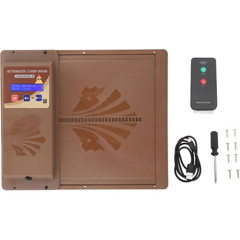 Automatic 3-in-1 USB Chicken Opener with Light Sensor, Remote Control, Horizontal Dispensing Pull, Brown (1/5)