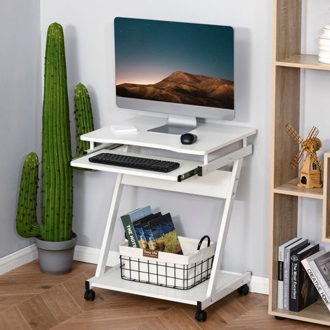 Mesa para PC clásica y compacta, con bandeja para teclado retráctil, 4 ruedas y estante inferior, color blanco, 60x48x73cm.