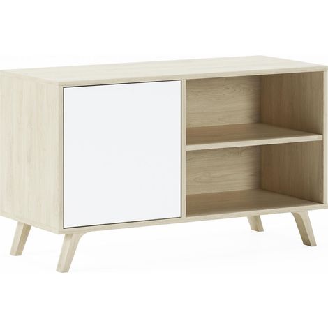 Skraut Home - Mueble TV 100 con puerta izquierda, salón comedor, Modelo WIND, color estructura roble, color puerta Blanco, medidas 95x40x57cm de altura. (1/5)