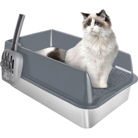 Bac à Litière Chat Maison de Toilette Acier pour Chat inoxydable avec Pelle 60x40x30cm Gris (1/5)