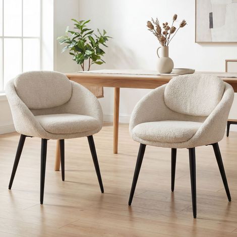 Wahson Chaise de Salle à Manger en Chenille Lot de 2, Chaise de Cuisine Moderne avec Dossier Rond et Pieds en Métal Noir, pour Salon/Chambre, Beige (1/5)