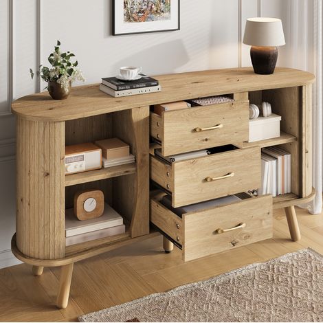 Aparador de salón, aparador de madera con 2 puertas correderas y 3 cajones, ajustable en altura, natural, 150x36,5x75 cm (1/5)