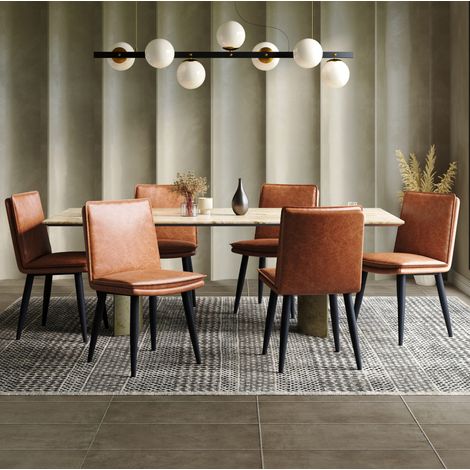 Juego de 6 sillas de comedor, asiento acolchado de doble capa, patas de metal, PU marrón (1/5)