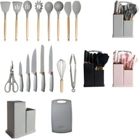 TrAdE Shop Traesio - Set Di Utensili Coltelli Da Cucina Da Chef Da 19 Pezzi In Silicone Con Manico In Legno - (1/5)