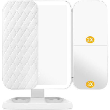 Miroir de Maquillage, 1x /2x/3x Miroir de Maquillage à Trois Volets avec 16 Lumières LED et Miroir Coiffeuse LED 1200mAh, Miroir Réglable à écran Tactile Miroirs de Comptoir Cosmétiques
