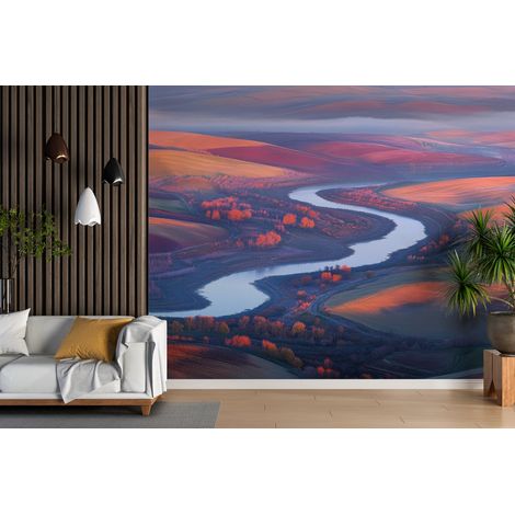 Papier peint campagne - fleuve serpentant dans les collines - 150 x 250 cm (1/2)