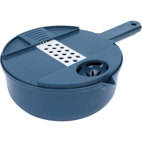 Hachoir à légumes manuel 12 en 1, robot culinaire multifonctionnel avec 6 lames en acier inoxydable, protège-mains, panier d'éjection pour couper, hacher, râper et rôtir (bleu) (1/5)
