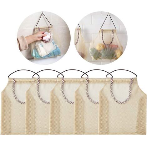 5 Pièces Sacs de Rangement en Maille Respirante, Filets de Suspension pour Cuisine, Organisation et Stockage des Pommes de Terre, Oignons, Ail, Légumes et Fruits (1/5)