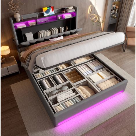 DESVIAE Lit coffre rembourré 140 x 200 cm avec tête de lit de rangement LED ports USB et USB C velours gris foncé (1/5)