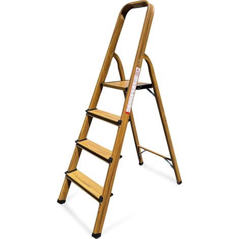 Escabeau 4 marches en aluminium finition chêne – Hauteur d'accès 2,80m – Charge maximale 150kg – Conception anti-rouille – Keli (1/4)