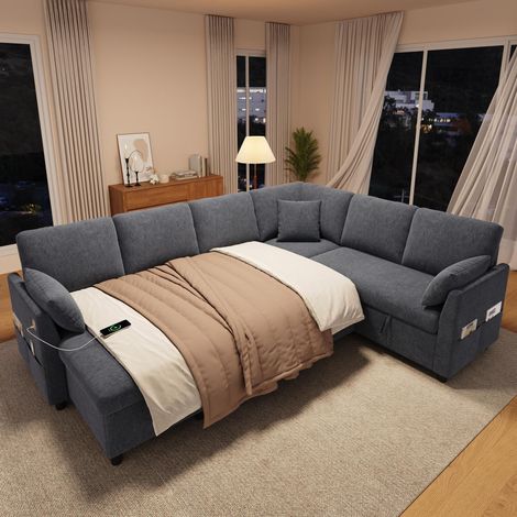 Canapé d'angle convertible - 255 x 196 x 85 cm - 6 places avec double coffre de rangement réversible ports usb poches latérales coussins - style moderne - aspect lin - gris (1/5)