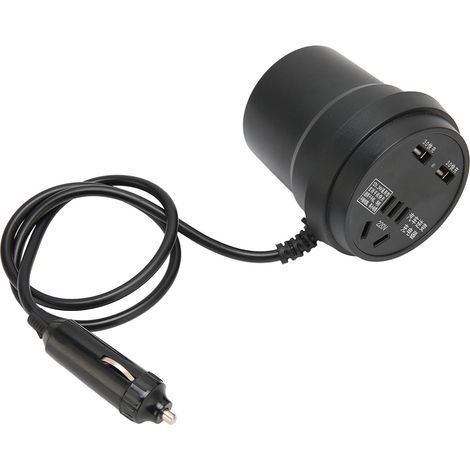 Schwarzer 150-W-Wechselrichter für 12–24 V Gleichstrom auf 110–220 V Wechselstrom mit 2 USB-Anschlüssen und Kfz-Netzteil (1/5)