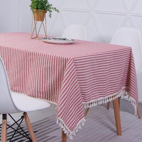 Nappe rectangulaire en coton et lin à rayures rouges, nappe à pompons, lavable, résistante à l'huile et aux taches, facile d'entretien, 120 x 160 cm
