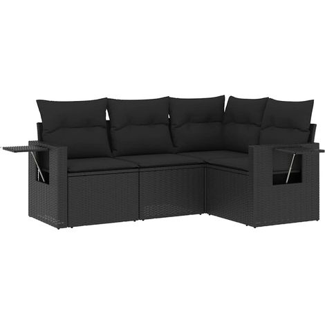 Salon de jardin canapé d'extérieur résine tressée modulable avec coussins noir 4 pièces (1/5)