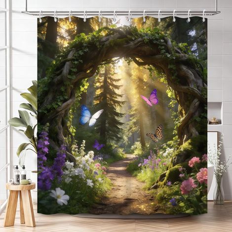 Cortina de ducha Bosque Mágico (con ganchos) de 180 x 180 cm, confeccionada en tejido impermeable y decorada con mariposas y flores silvestres. (1/4)