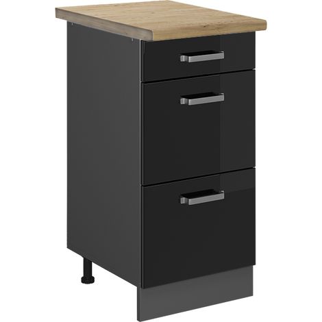 Mueble bajo de cocina R-Line, Negro brillo intenso, 40 cm con cajones, ET Roble, Vicco (1/5)