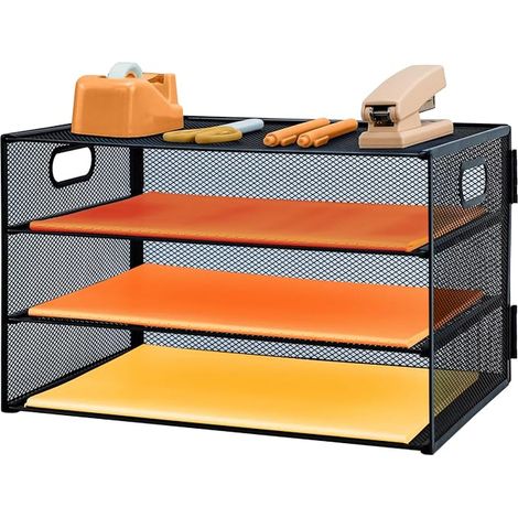 Corbeille à courrier à 3 niveaux avec poignée, organiseur de fichiers de bureau en maille métallique avec plateaux, plateaux de classement de bureau A4, porte-revues pour la maison, le bureau, l'école (1/5)