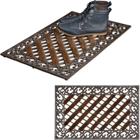 2x Felpudos rectangulares con cepillos para la entrada, 4 x 72 x 46 cm, Hierro fundido, patas de goma, Marrón/bronce