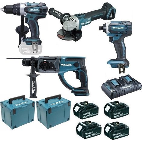 Makita – Pack d'outils électroportatifs 18V avec 4 machines – Perceuse 91Nm DDF458, Visseuse 165Nm DTD152, Meuleuse 125mm DGA504, Perforateur 2J DHR202