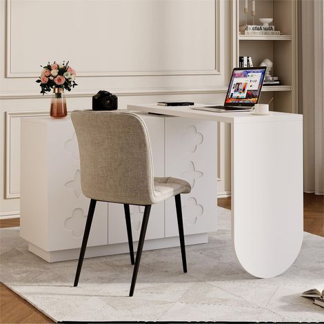 Modernluxe - Bureau en L rotative rétractable - Coiffeuse avec 3 portes - Étagères réglables - Blanc