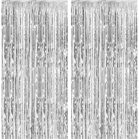 Confezione da 2 tende in lamina argentata con frange metalliche per decorazioni di sfondo, compleanni, matrimoni, fidanzamenti, baby shower, addii al nubilato, feste di Natale (1/4)