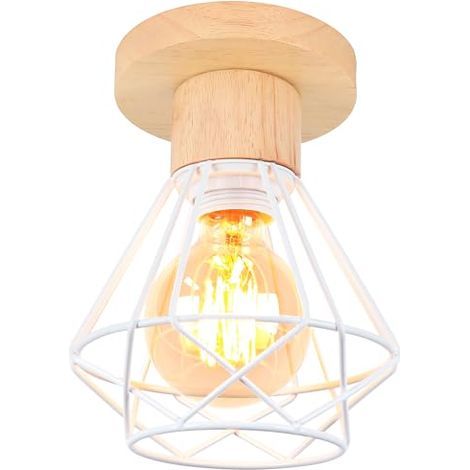 Plafonnier Industriel, 16CM Vintage Luminaire E27 Rétro Lustre Suspension en Fer et Bois Cage Design Lampe de Plafond Blanc pour Entrée Couloir Chambre Cuisine, 1 Pack (1/5)