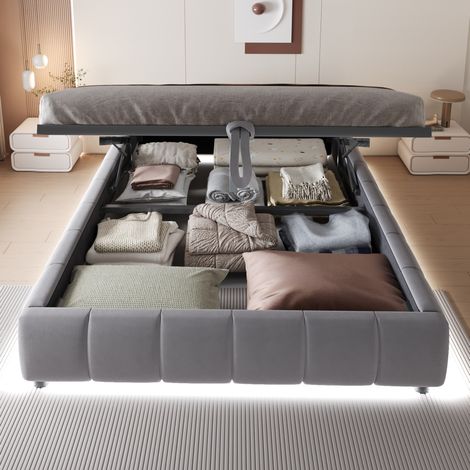 Bett modern 140x200 cm aus Flanell grau, ohne Kopfteil, mit hydraulischem Stauraum, weißer LED-Leiste und Lattenrost (1/5)
