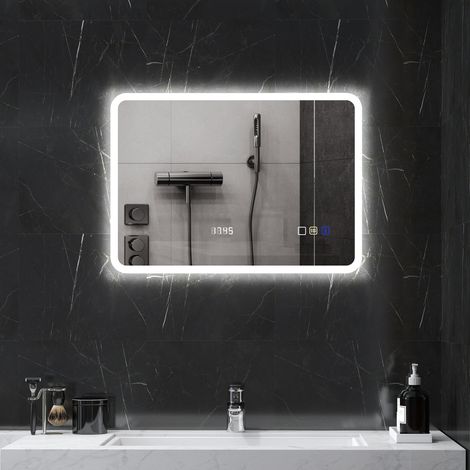 Miroir salle bain led bluetooth 3 couleurs horloge numérique anti buée mémoire 70x50 cm (1/4)