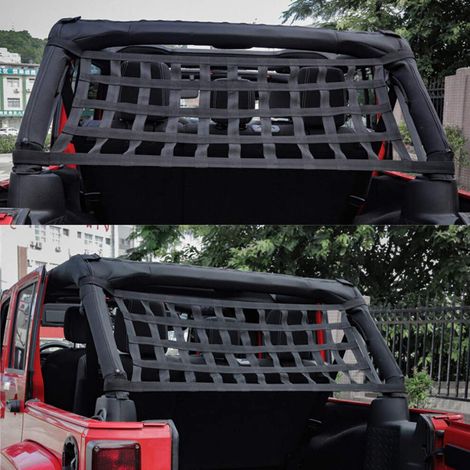 Questa è una rete portabagagli per il bagagliaio dei modelli Jeep Wrangler JK dal 2007 al 2018, con dimensioni di 157x54 cm e compatibile con i portapacchi da tetto.