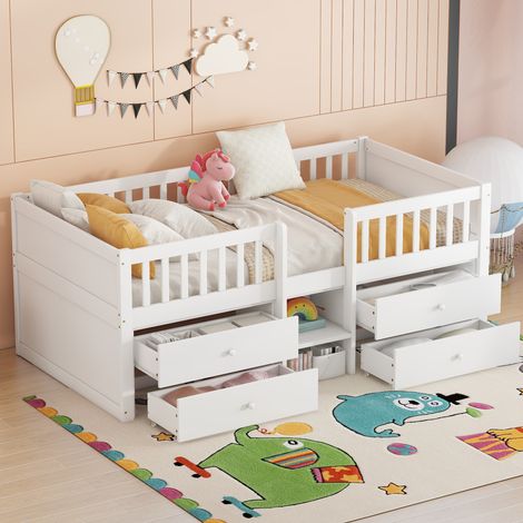 Lit 90x200 cm blanc – 4 tiroirs, avec barrière et échelle, sans matelas (1/5)