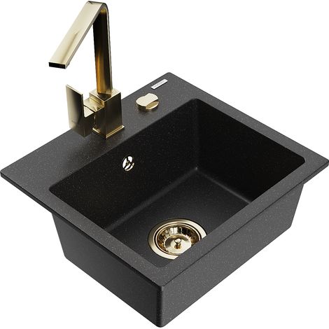 Mexen Milo lavello da cucina in granito 1 vasca con miscelatore Rita, nero/metallizzato argento - 6505-73-670300-50 (1/5)