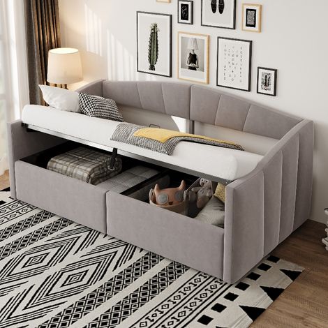 Polsterbett 90x200 cm mit hydraulischem Stauraum, multifunktionales Sofabett aus Samtstoff in Hellgrau, inkl. Lattenrost und Armlehnen (1/5)