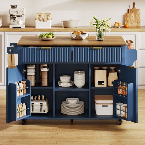 Carrito de cocina con ruedas 143 x 45 x 89,5 cm con encimera abatible, azul HAVRYA (1/5)