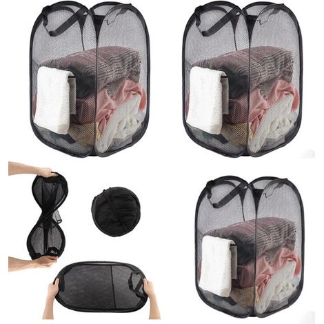 Lot de 3 paniers à linge – Pliables – 36x36x56 cm – Noirs – Salle de bain, camping, voyage (1/5)