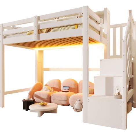 Letto a soppalco 90x200 cm con LED, scala contenitore e vano aperto, struttura in legno di pino e MDF, per bambini, bianco  CHICFURN (1/5)