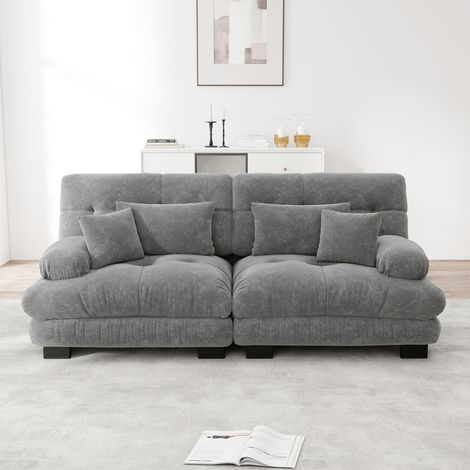 Cloud Ecksofa für Wohnzimmer, Chenille Doppelsofa mit 2 Lendenkissen und 2 Dekokissen, Massivholzrahmen, Chenille Grau