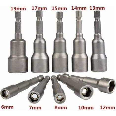 10 Pièces Douille Magnétique Visseuse: Embout Aimanté pour Visseuse à Choc 6-19mm 1, 4" Adaptateur Embouts Douilles Hexagonale (1/4)