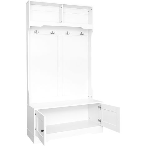 Garderobenmöbel mit 2 Türen, 2 Offenen Fächern, 4 Haken und Sitzbank mit Stauraum für Eingangsbereich aus Spanplatte Weiß 101.5×183 cm (1/5)