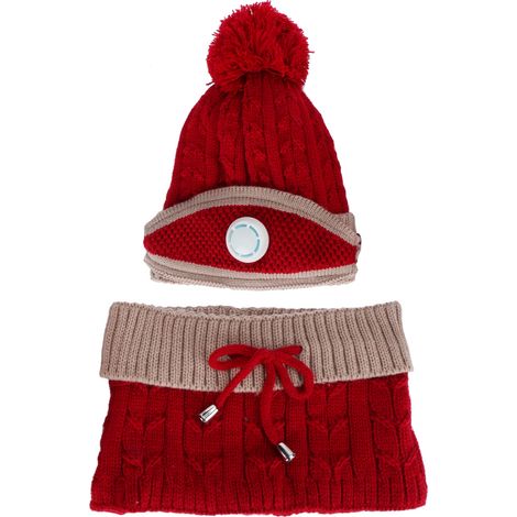 Lot hivernal 3 pièces femme: bonnet tricoté, écharpe, cache-col cou chauffant accessoires (rouge et marron) (1/5)